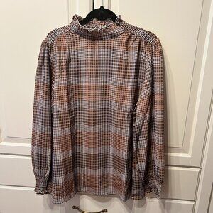 SUZANNE BETRO Taupe Plaid Ruffle-Trim Smocked Mock Neck‎ Tunic (Size 3X)